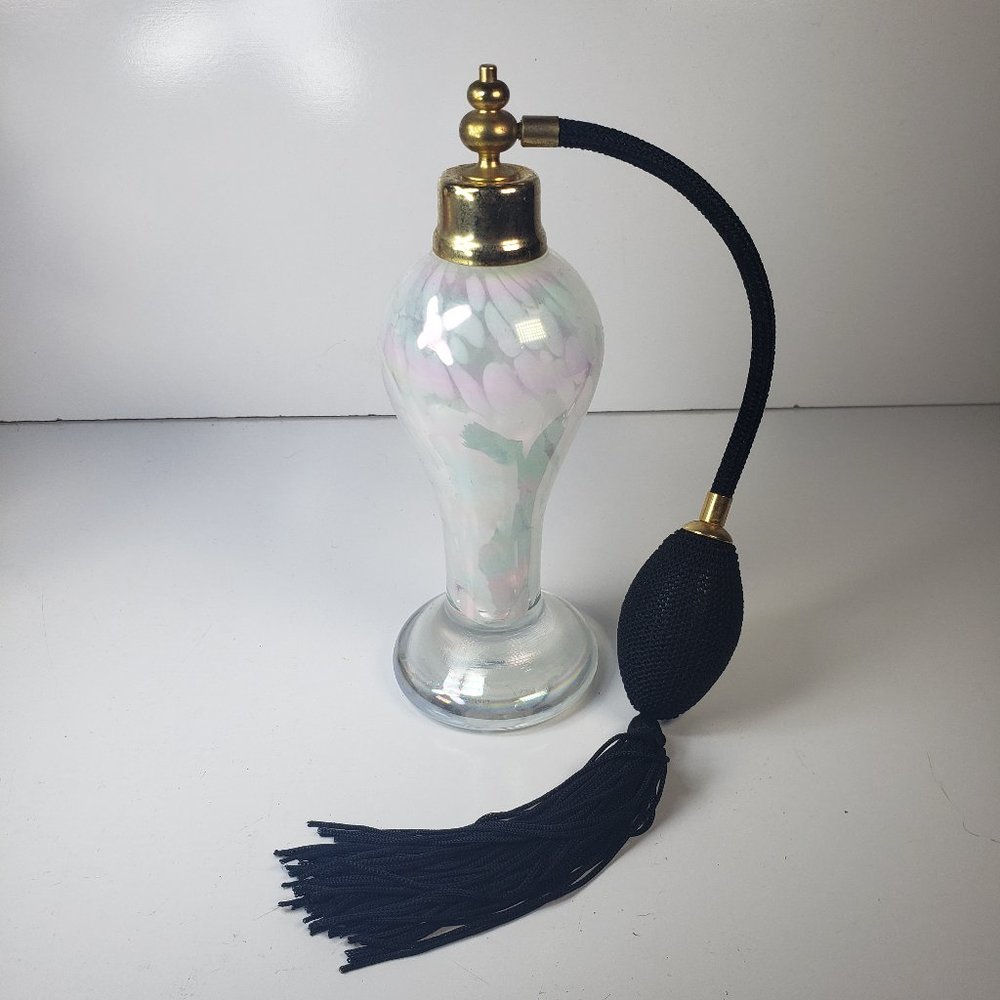 Vtg White on Clear Murano Style Hand Blown Glass Perfume Atomizer Bottle w/ Bulb